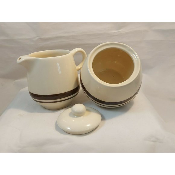Vintage McCoy CREAMER & SUGAR BOWL w/Lid Set Brown Stripes,1970s, 1 Owner - Picture 6 of 8